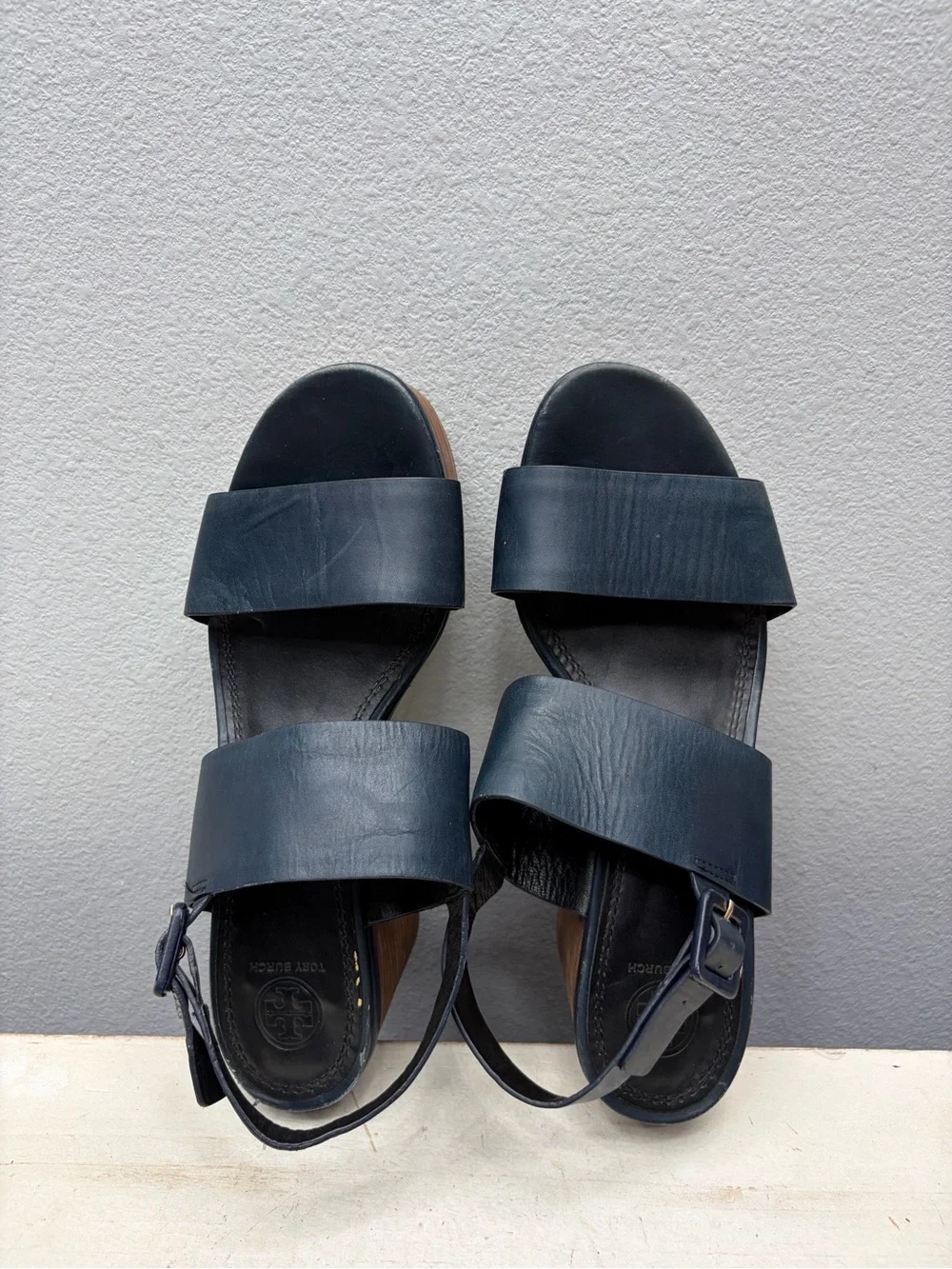 Tory Burch Blue Leather Solana Platform Sandals Size 10